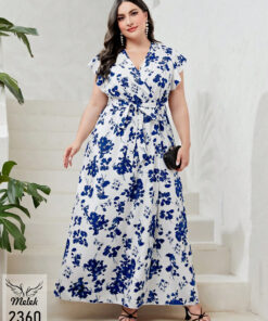 پیراهن مجلسی یقه ضربدری آستین کوتاه با کمربند سایز بزرگ