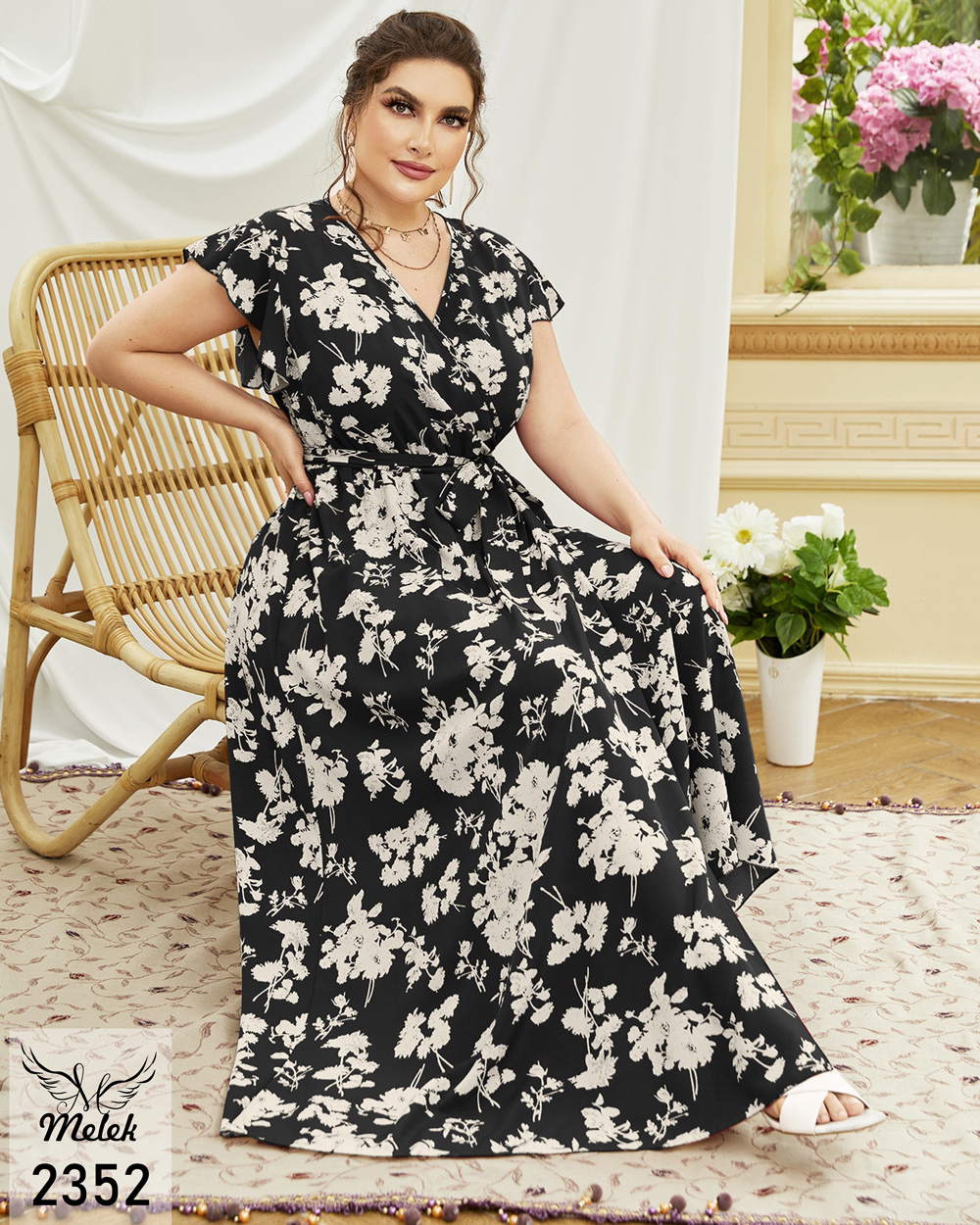 پیراهن مجلسی یقه ضربدری آستین کوتاه با کمربند سایز بزرگ - غیر ژورنالی