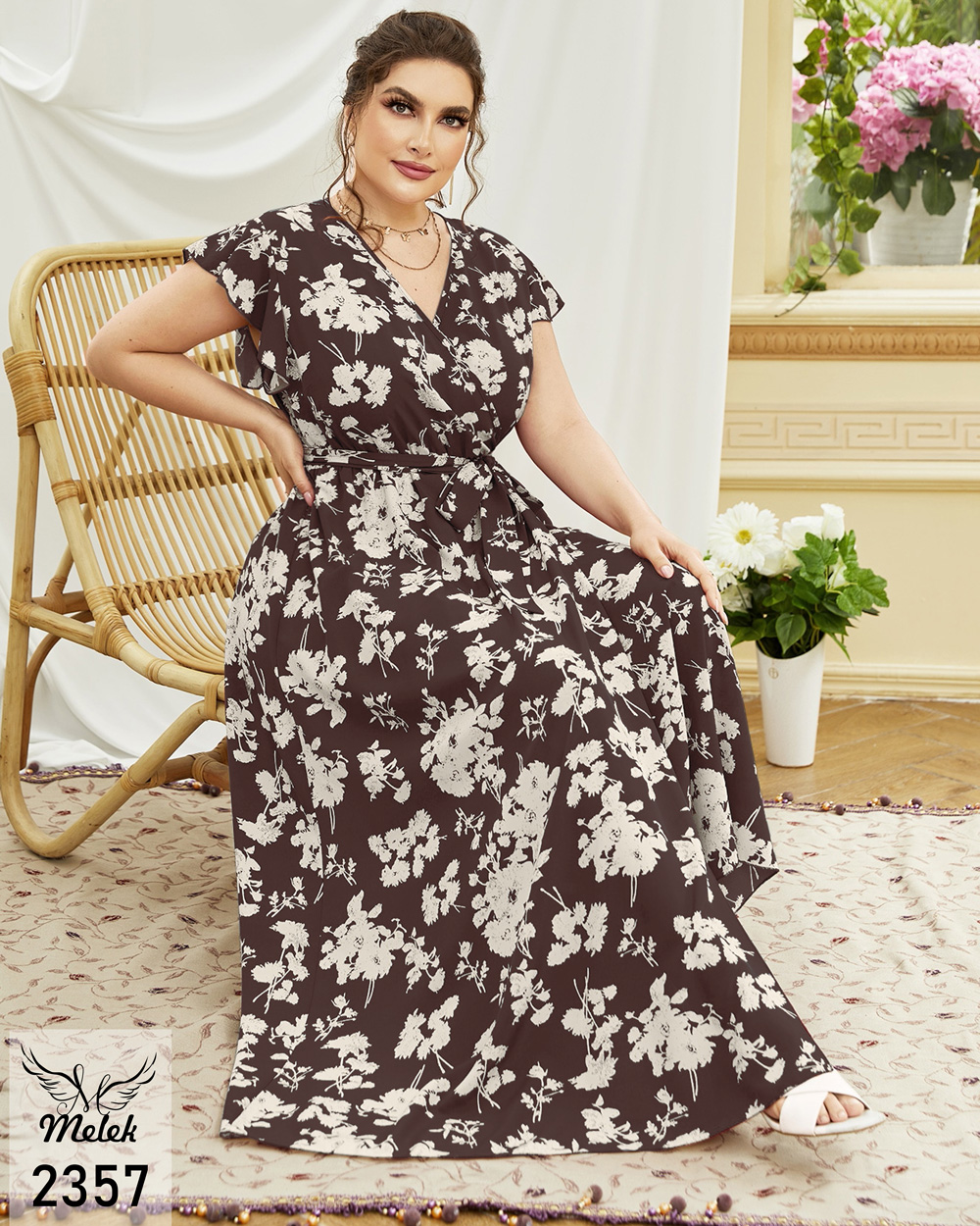 پیراهن مجلسی یقه ضربدری آستین کوتاه با کمربند سایز بزرگ