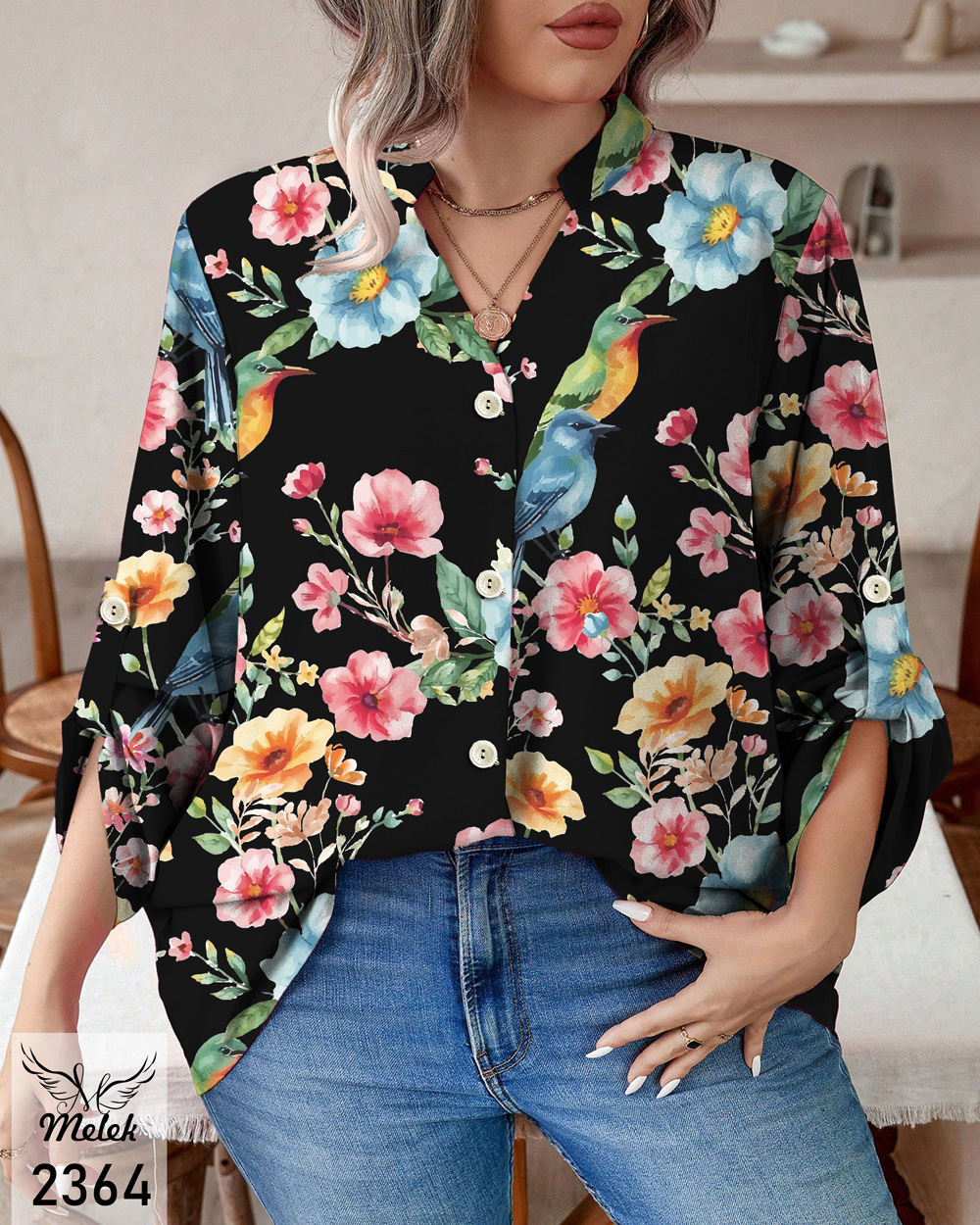 شومیز خاص مجلسی یقه هفت جلو دکمه بازشو آستین پاگن دار سایز بزرگ