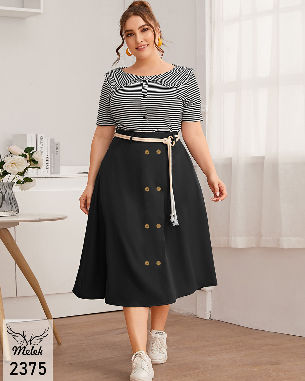 پیراهن فانتزی مجلسی یقه گرد والان دکمه نما با کمربند کنفی سایز بزرگ - غیر ژورنالی