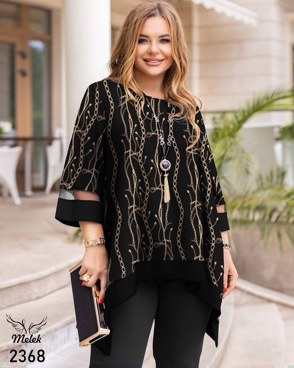 تونیک مجلسی کاربردی یقه گرد آستین سه ربع دامن هلالی سایز بزرگ - غیر ژورنالی