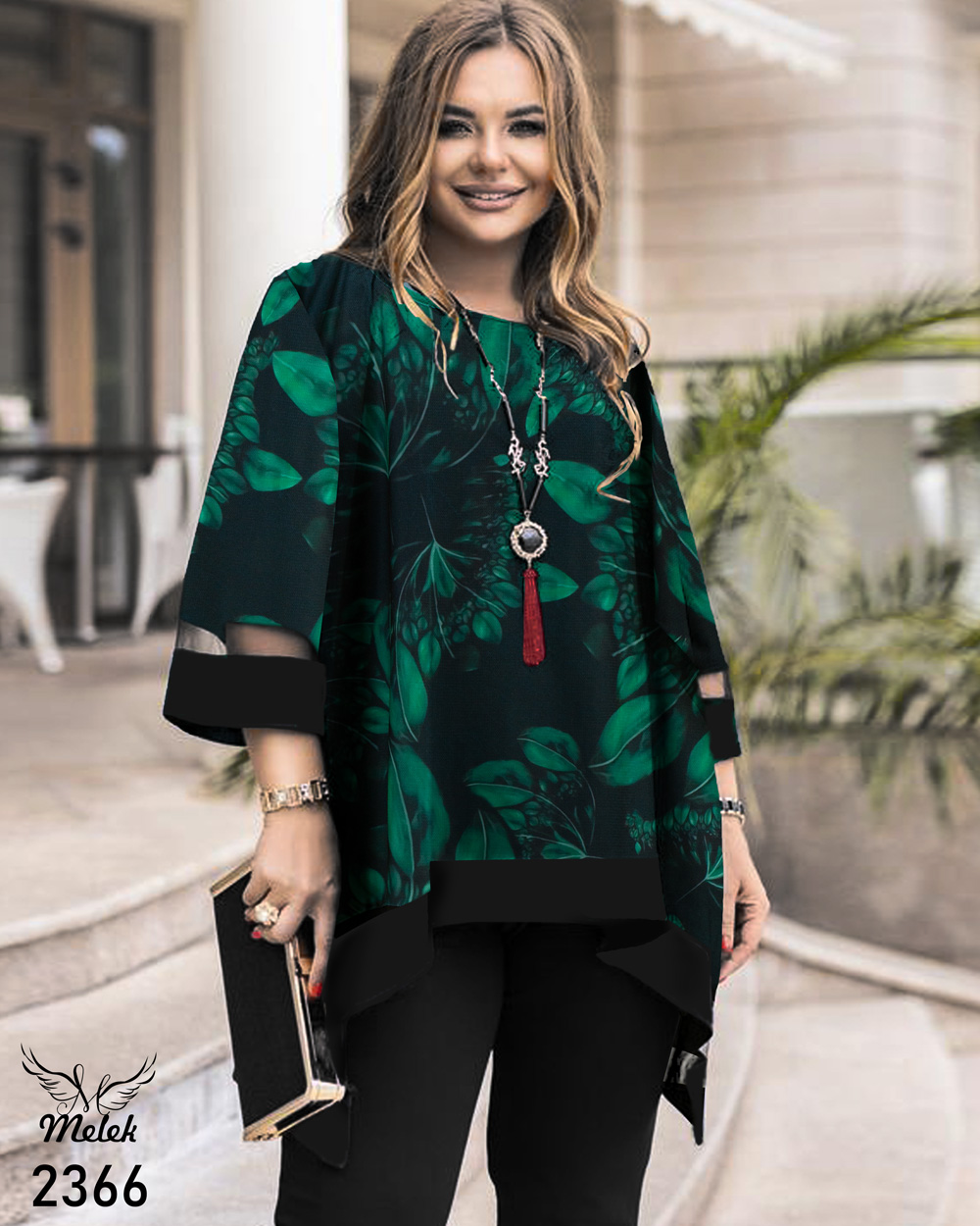 تونیک مجلسی کاربردی یقه گرد آستین سه ربع دامن هلالی سایز بزرگ