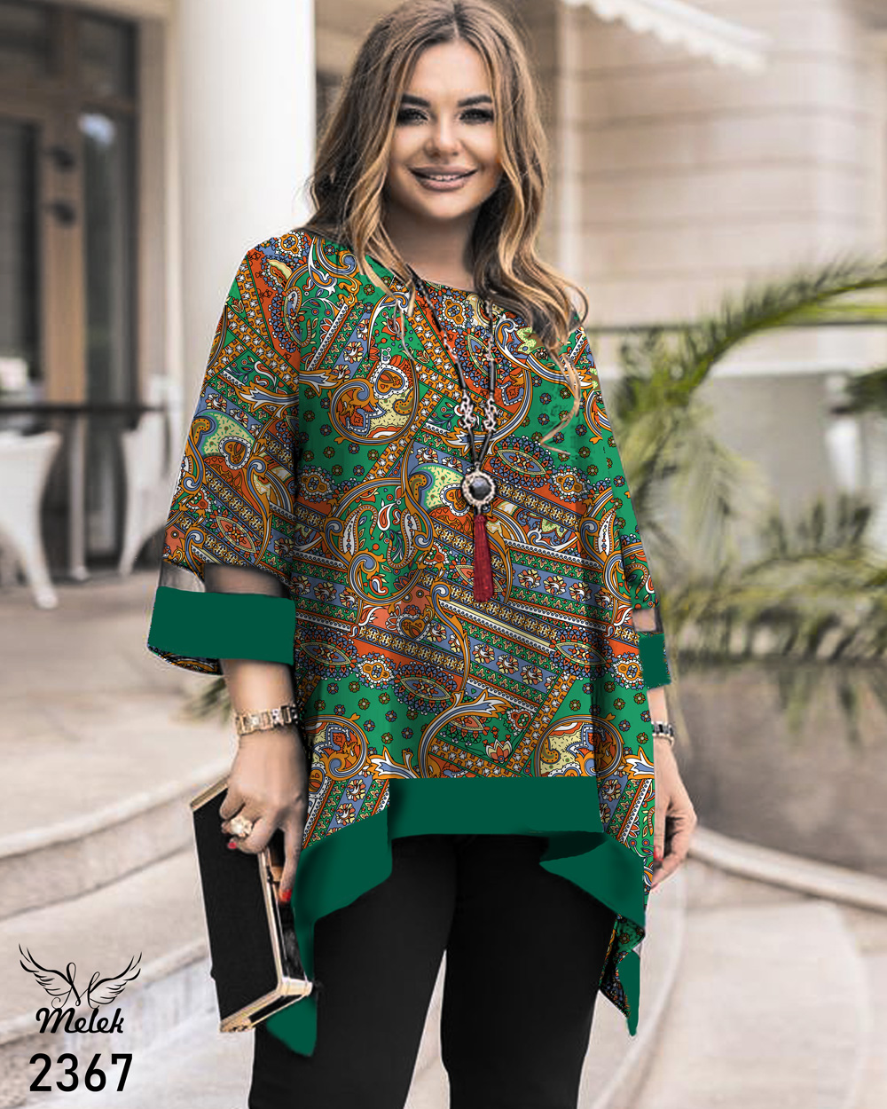 تونیک مجلسی کاربردی یقه گرد آستین سه ربع دامن هلالی سایز بزرگ