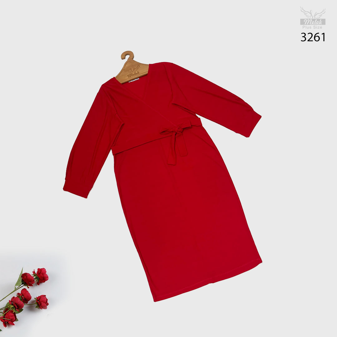 پیراهن یقه ضربدری آستین فانوسی با کمربند سایز بزرگ - غیر ژورنالی