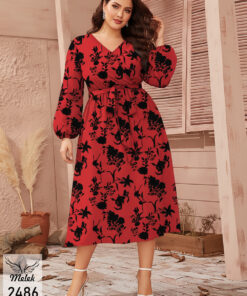 پیراهن مجلسی یقه ضربدری آستین فانوسی با کمربند سایز بزرگ