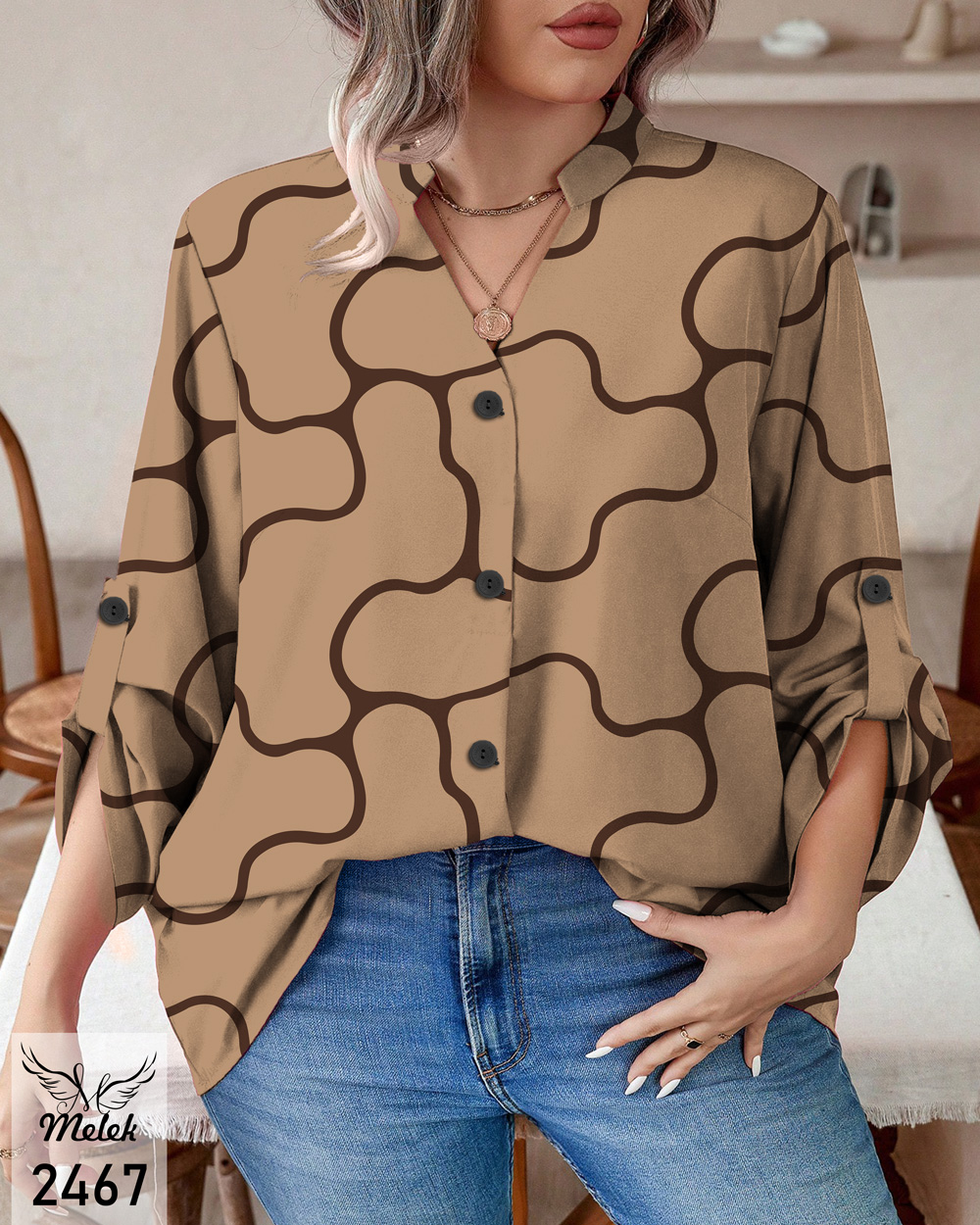 شومیز خاص مجلسی یقه هفت جلو دکمه بازشو آستین پاگن دار سایز بزرگ - غیر ژورنالی