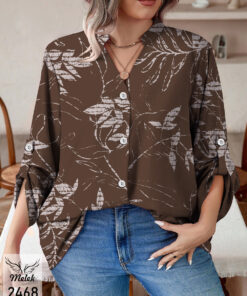 شومیز خاص مجلسی یقه هفت جلو دکمه بازشو آستین پاگن دار سایز بزرگ