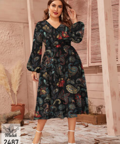 پیراهن مجلسی یقه ضربدری آستین فانوسی با کمربند سایز بزرگ