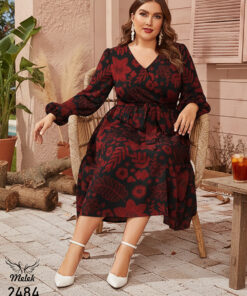 پیراهن مجلسی یقه ضربدری آستین فانوسی با کمربند سایز بزرگ