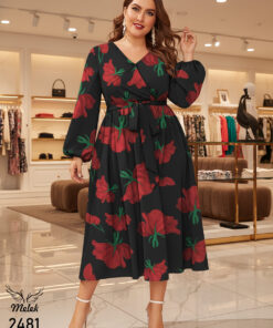 پیراهن مجلسی یقه ضربدری آستین فانوسی با کمربند سایز بزرگ