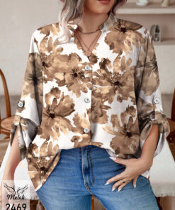 شومیز خاص مجلسی یقه هفت جلو دکمه بازشو آستین پاگن دار سایز بزرگ