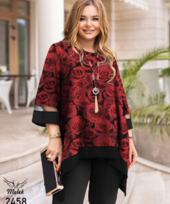 تونیک مجلسی کاربردی یقه گرد آستین سه ربع دامن هلالی سایز بزرگ