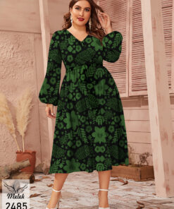 پیراهن مجلسی یقه ضربدری آستین فانوسی با کمربند سایز بزرگ