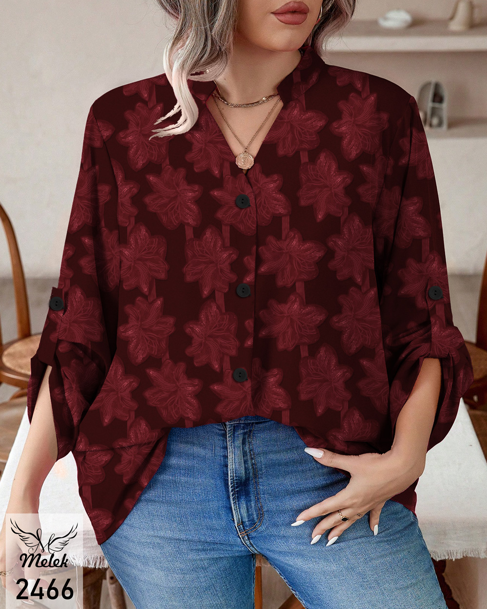 شومیز خاص مجلسی یقه هفت جلو دکمه بازشو آستین پاگن دار سایز بزرگ - غیر ژورنالی