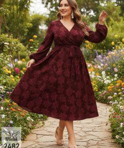 پیراهن مجلسی یقه ضربدری آستین فانوسی با کمربند سایز بزرگ