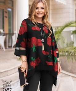 تونیک مجلسی کاربردی یقه گرد آستین سه ربع دامن هلالی سایز بزرگ