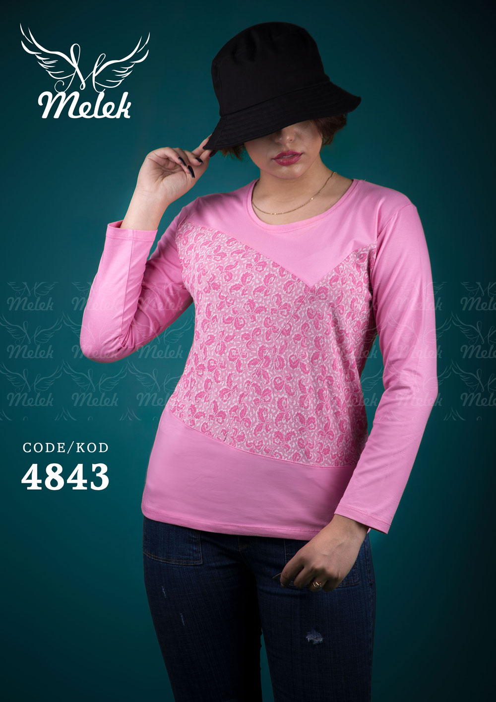 بلوز طرح دار یقه گرد آستین بلند سایز بزرگ