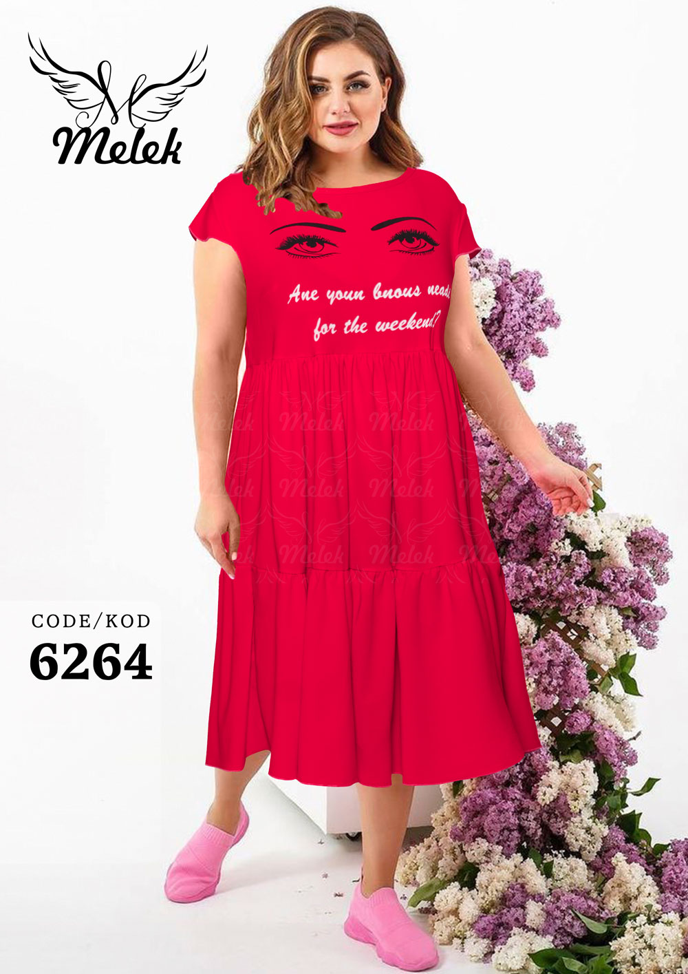 پیراهن یقه گرد آستین کوتاه دامن چین دار سایز بزرگ