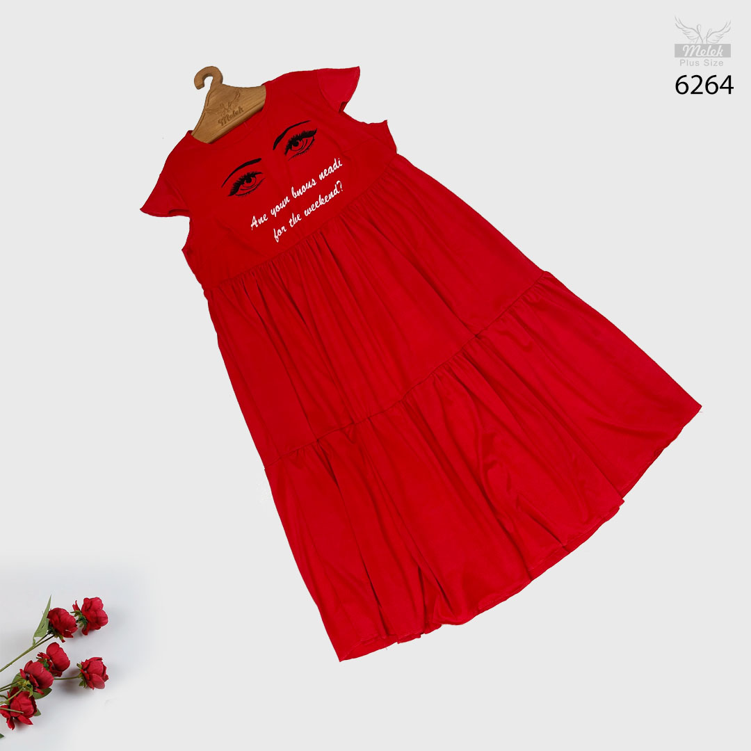 پیراهن یقه گرد آستین کوتاه دامن چین دار سایز بزرگ - غیر ژورنالی