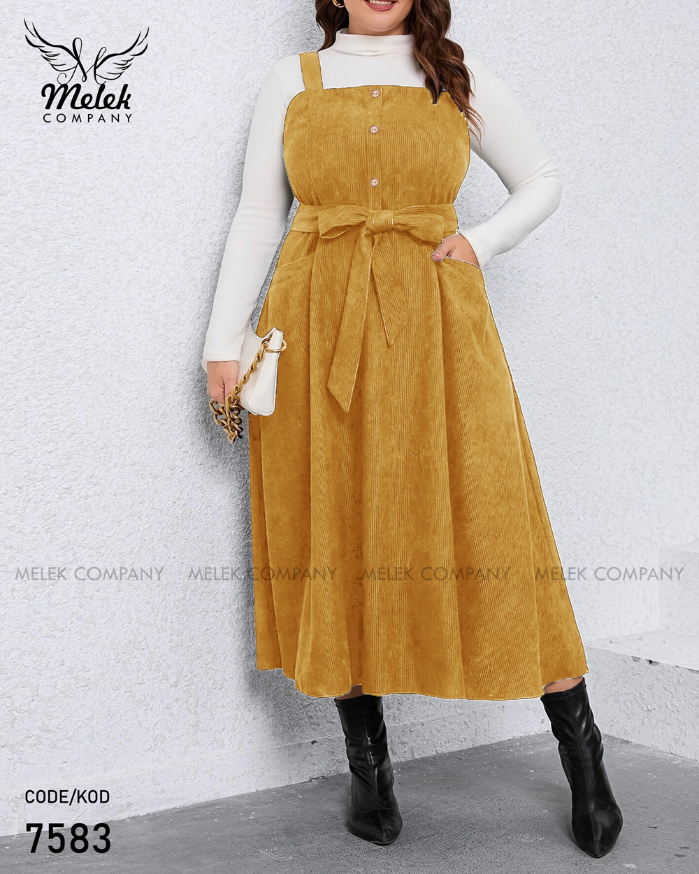 سارافون مجلسی دکمه نما دوجیب با کمربند سایز بزرگ