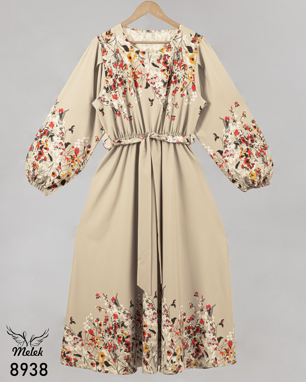 پیراهن مجلسی یقه گرد آستین بلند کمر کشی با کمربند سایز بزرگ - غیر ژورنالی