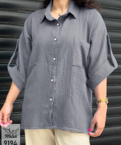 شومیز مانتویی اسپورت جلو دکمه بازشو آستین سرخود پاگن دار سایز بزرگ