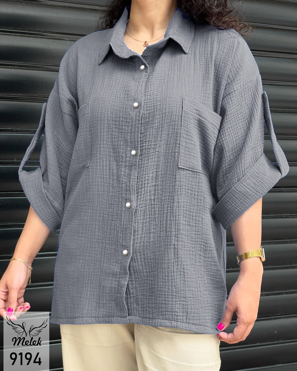 شومیز مانتویی اسپورت جلو دکمه بازشو آستین سرخود پاگن دار سایز بزرگ