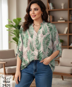 شومیز خاص مجلسی یقه هفت جلو دکمه بازشو آستین پاگن دار سایز بزرگ