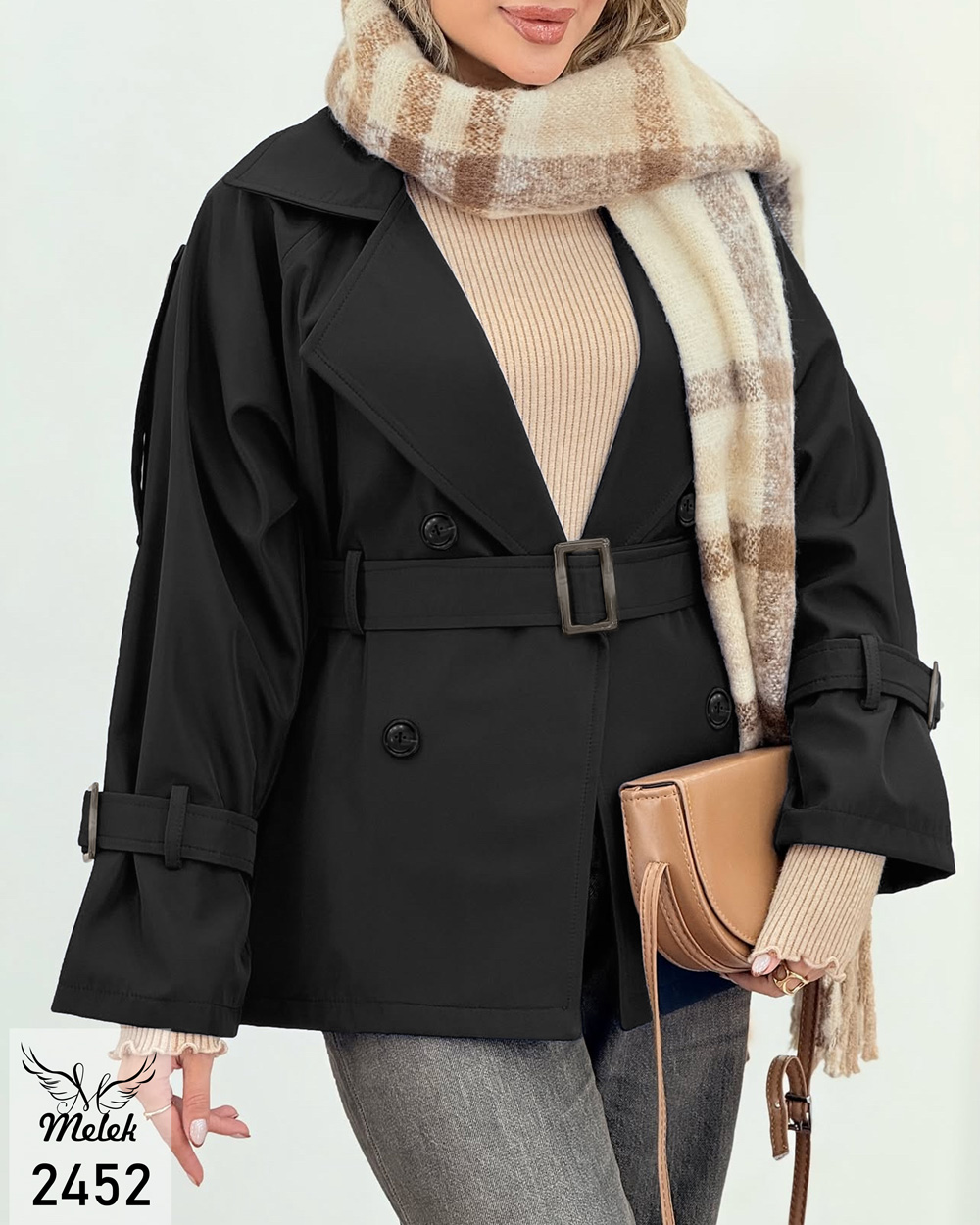 بارانی اسپورت مجلسی یقه انگلیسی آستین بلند جلوباز با کمربند سایز بزرگ