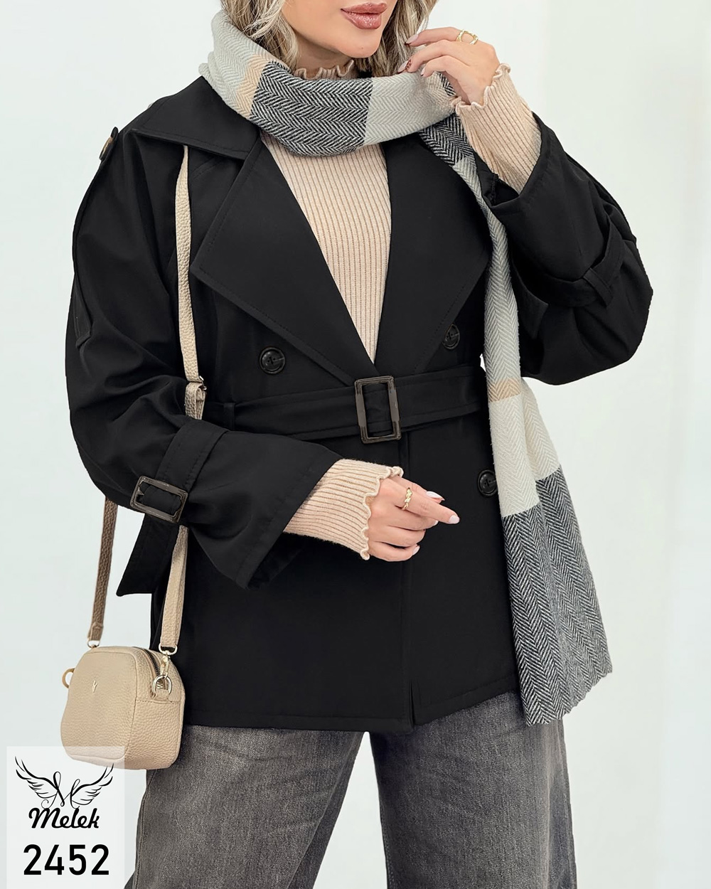 بارانی اسپورت مجلسی یقه انگلیسی آستین بلند جلوباز با کمربند سایز بزرگ - غیر ژورنالی