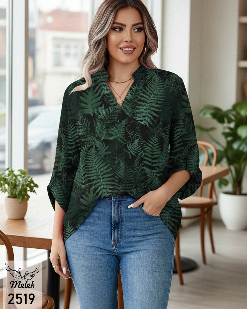 شومیز خاص مجلسی یقه هفت جلو دکمه بازشو آستین پاگن دار سایز بزرگ