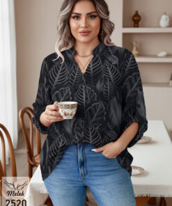 شومیز خاص مجلسی یقه هفت جلو دکمه بازشو آستین پاگن دار سایز بزرگ