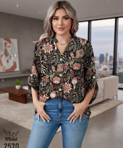 شومیز خاص مجلسی یقه هفت جلو دکمه بازشو آستین پاگن دار سایز بزرگ