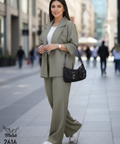 ست کت شلوار مجلسی یقه انگلیسی آستین سه ربع سایز بزرگ