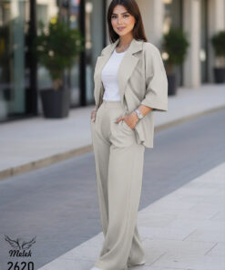 ست کت شلوار مجلسی یقه انگلیسی آستین سه ربع سایز بزرگ