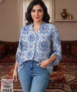 شومیز خاص مجلسی یقه هفت جلو دکمه بازشو آستین پاگن دار سایز بزرگ