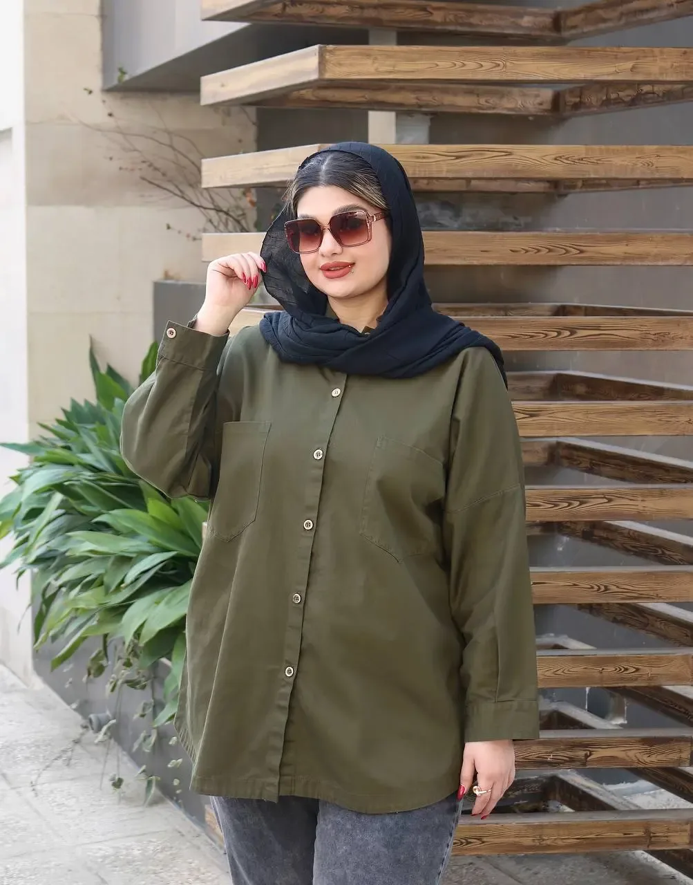 مانتو کتان سایز بزرگ ژینا - مشکی